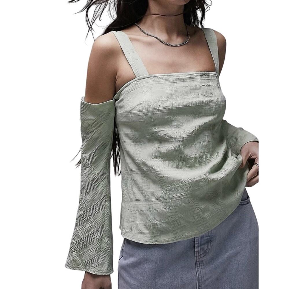 Topshop Textured Cold Shoulder Long Sleeve Top Sage‎ Green Women's 6